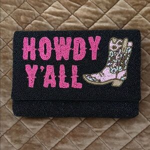 Beaded Black Clutch with Pink Text and Boot Design